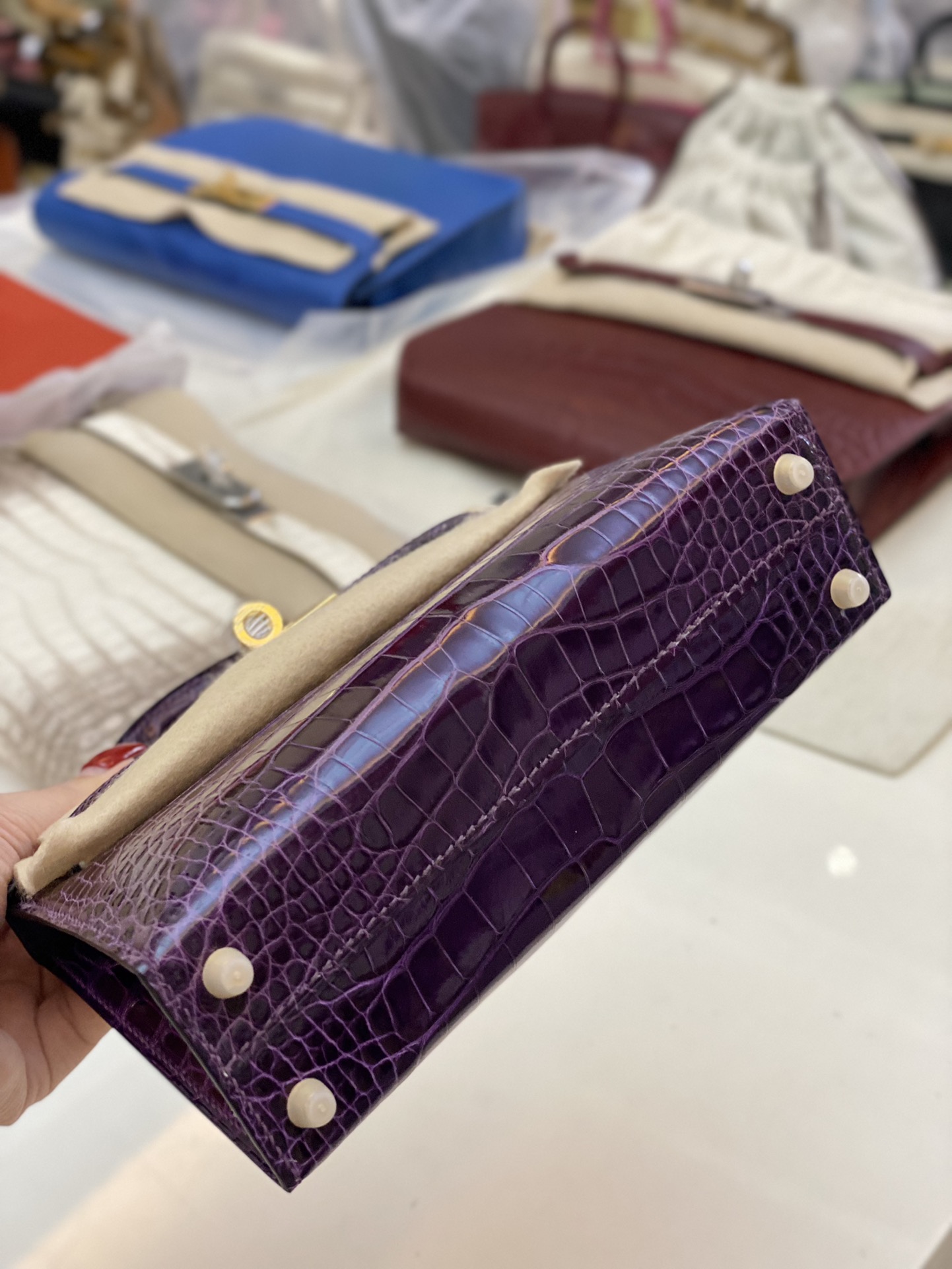 Hermes Kelly Mini II Bag 19CM In Dark Purple Shiny Alligator Leather